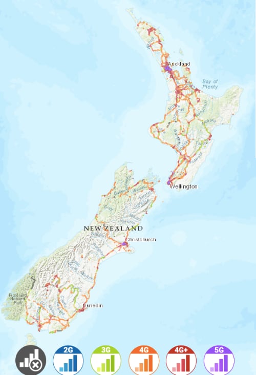Mapa cobertura móvil Nueva Zelanda