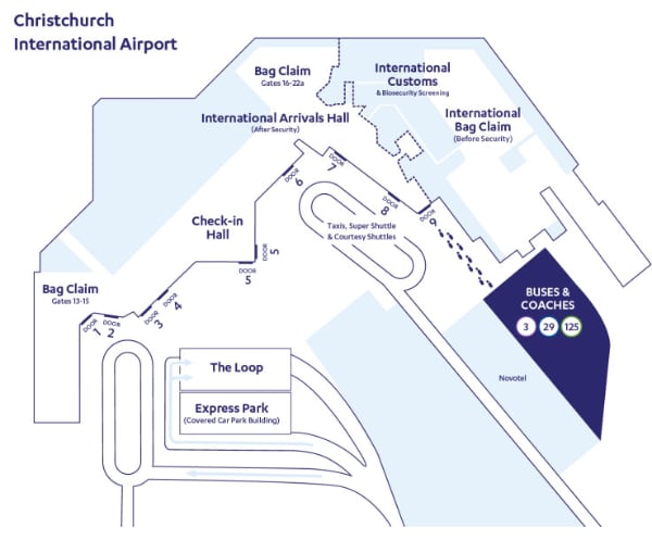 Punto de embarque autobuses en Aeropuerto de Christchurch
