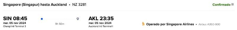horario del vuelo entre Singapur y Auckland