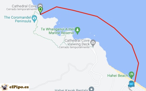 navegación hasta Cathedral Cove