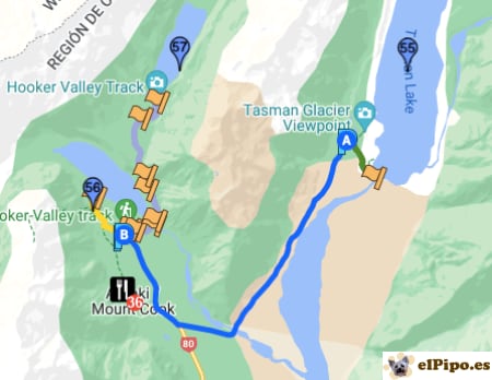 itinerario hasta el parquin de acceso a Kea Point y Hooker Lake