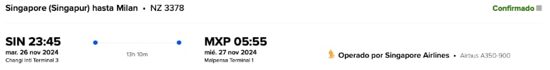 horario del vuelo hasta Milán